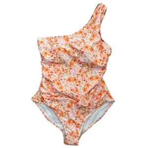 KONA SOL PLUS Women’s One Shoulder Swimsuit Floral‎ Orange Pink Hues Ruching XL